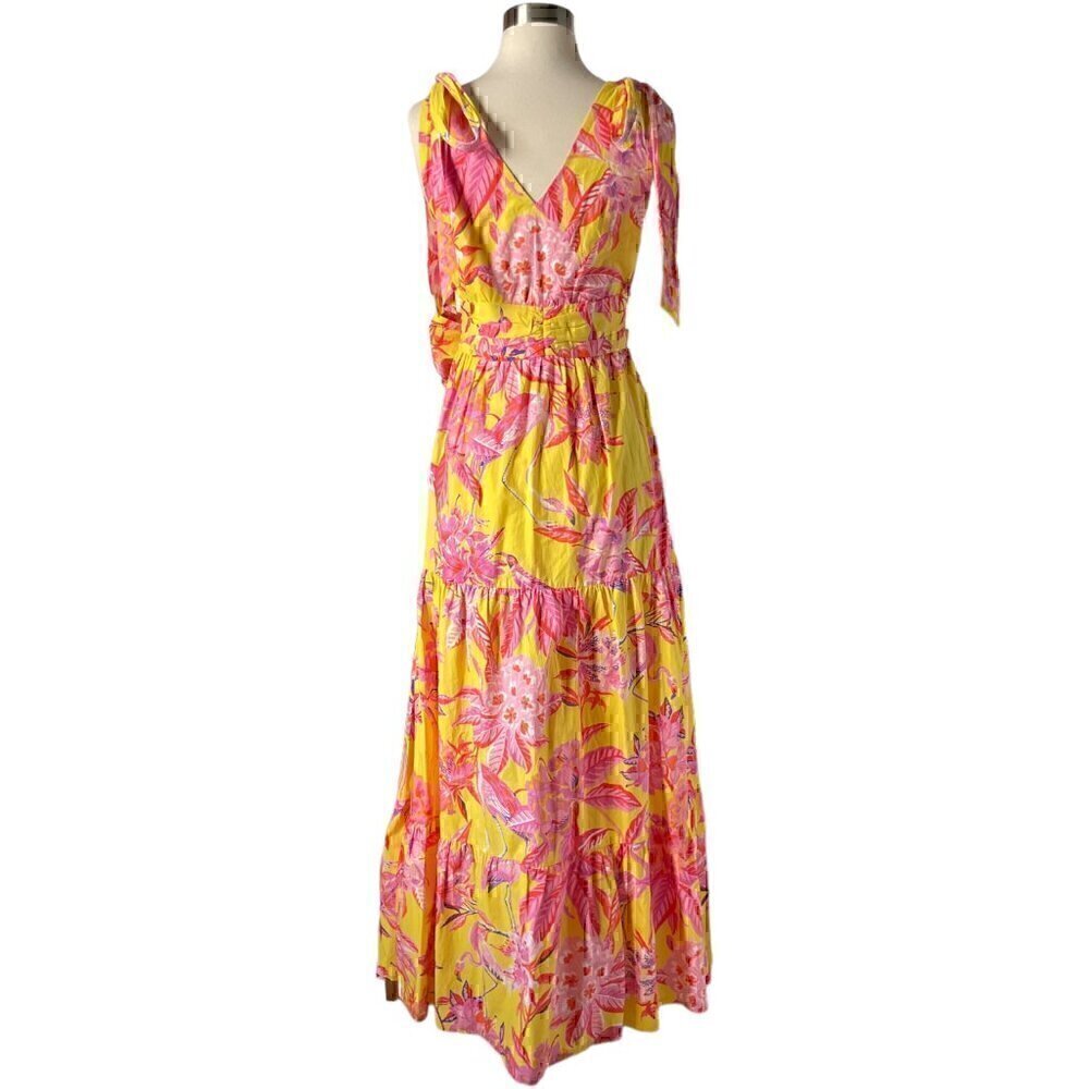 Banjanan Carnation Flamingo Cotton Maxi Dress XS Pink Yellow Tropical - Picture 8 of 13